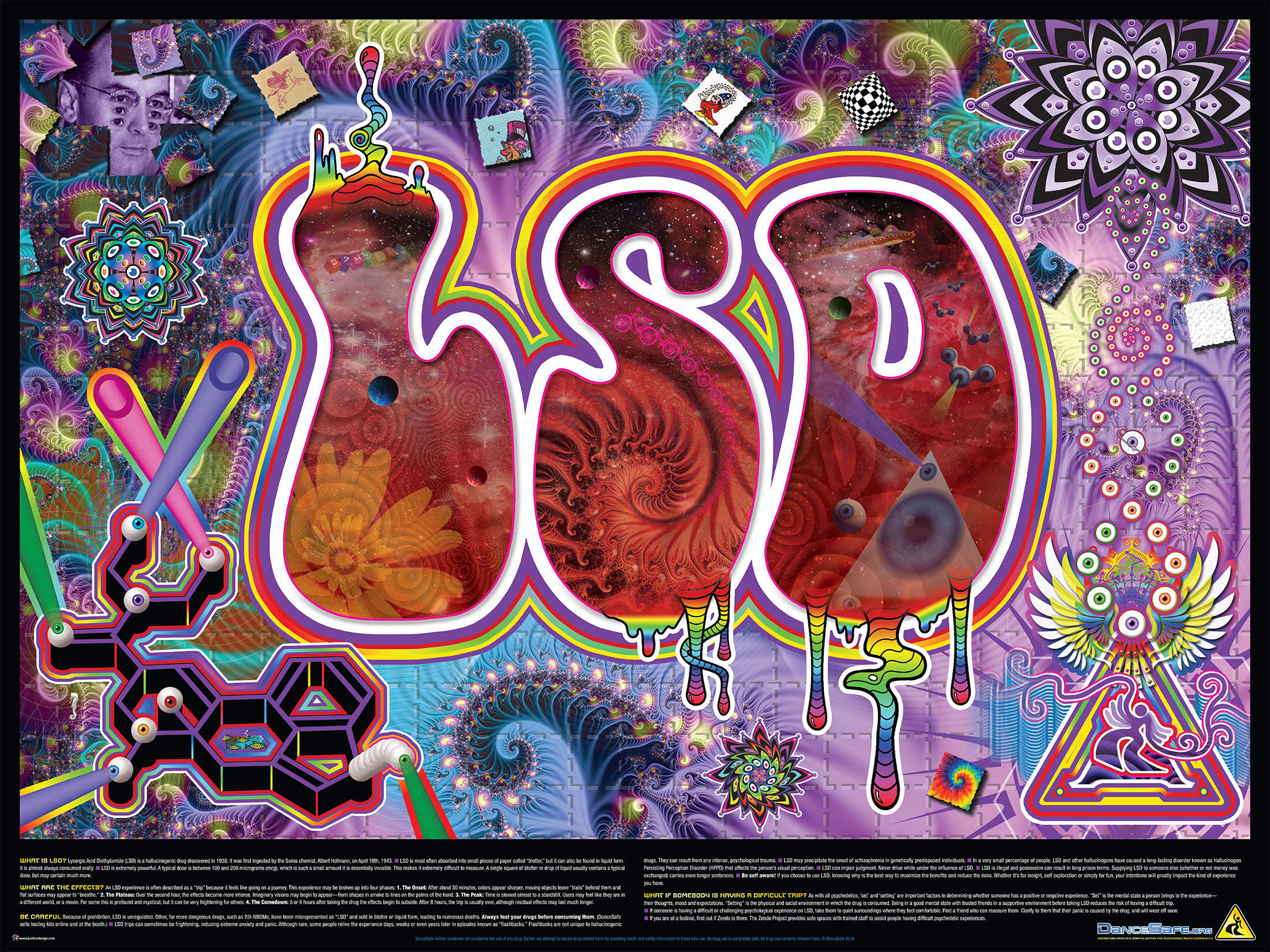 The DanceSafe LSD poster, with the graphic from the card on the top and LSD health and safety info on the bottom.
