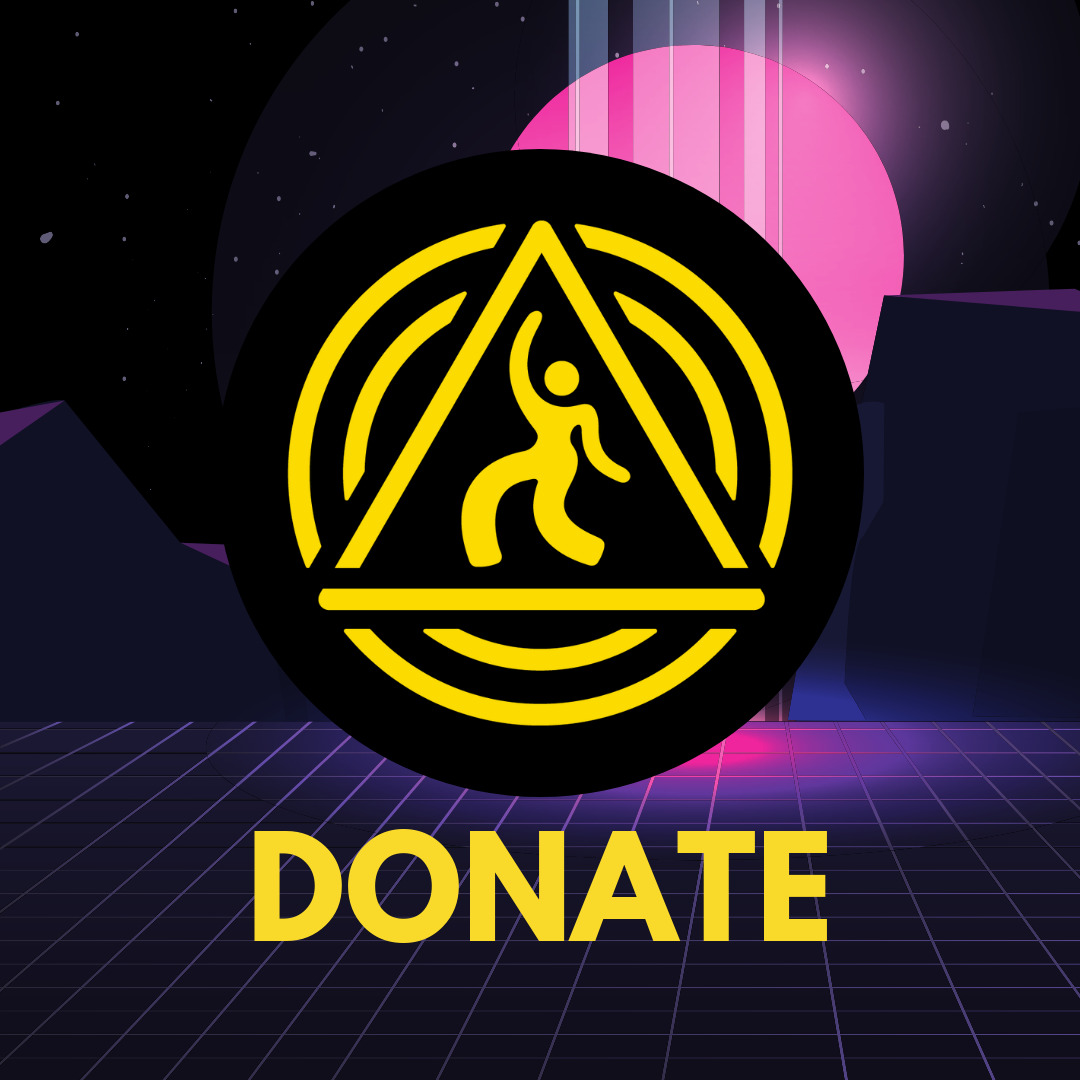 A graphic of the DanceSafe logo on a pink and purple grid with a moon, and text that says "donate" underneath.