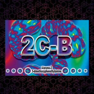 The 2C-B DanceSafe card on a black and purple hexagonal background.