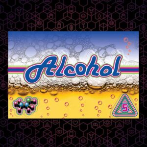 The alcohol DanceSafe card on a black and purple hexagonal background.