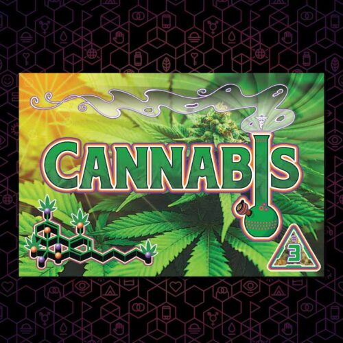The cannabis DanceSafe card on a black and purple hexagonal background.