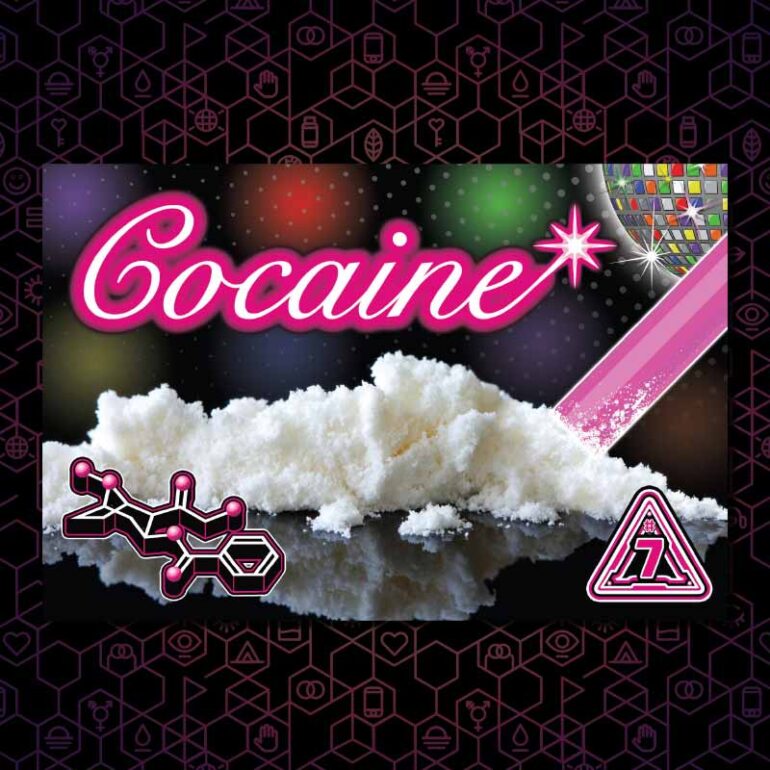 The cocaine DanceSafe card on a black and purple hexagonal background.