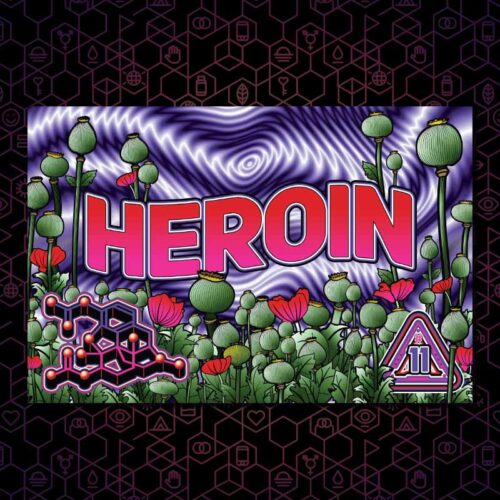 The heroin DanceSafe card on a black and purple hexagonal background.