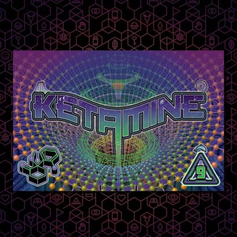 The ketamine DanceSafe card on a black and purple hexagonal background.