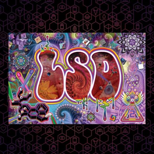 The LSD DanceSafe card on a black and purple hexagonal background.