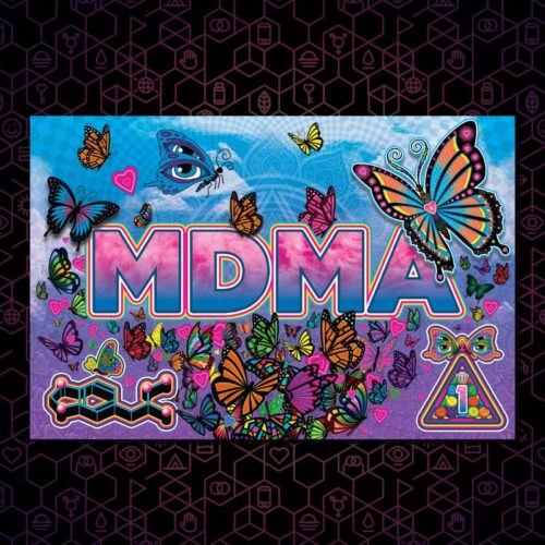 The MDMA DanceSafe card on a black and purple hexagonal background.