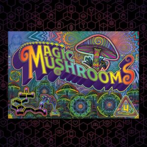 The magic mushrooms DanceSafe card on a black and purple hexagonal background.