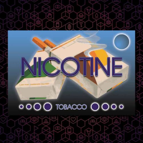 The nicotine DanceSafe card on a black and purple hexagonal background.