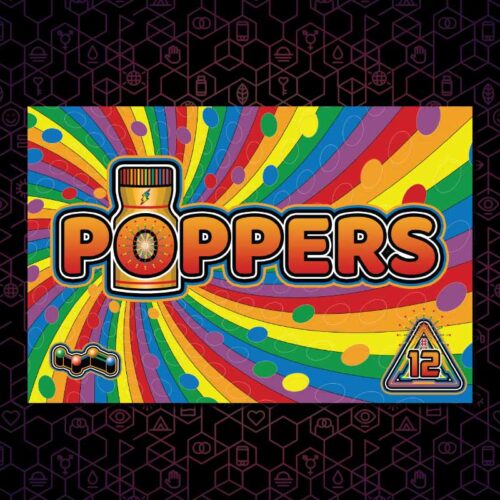 The poppers DanceSafe card on a black and purple hexagonal background.