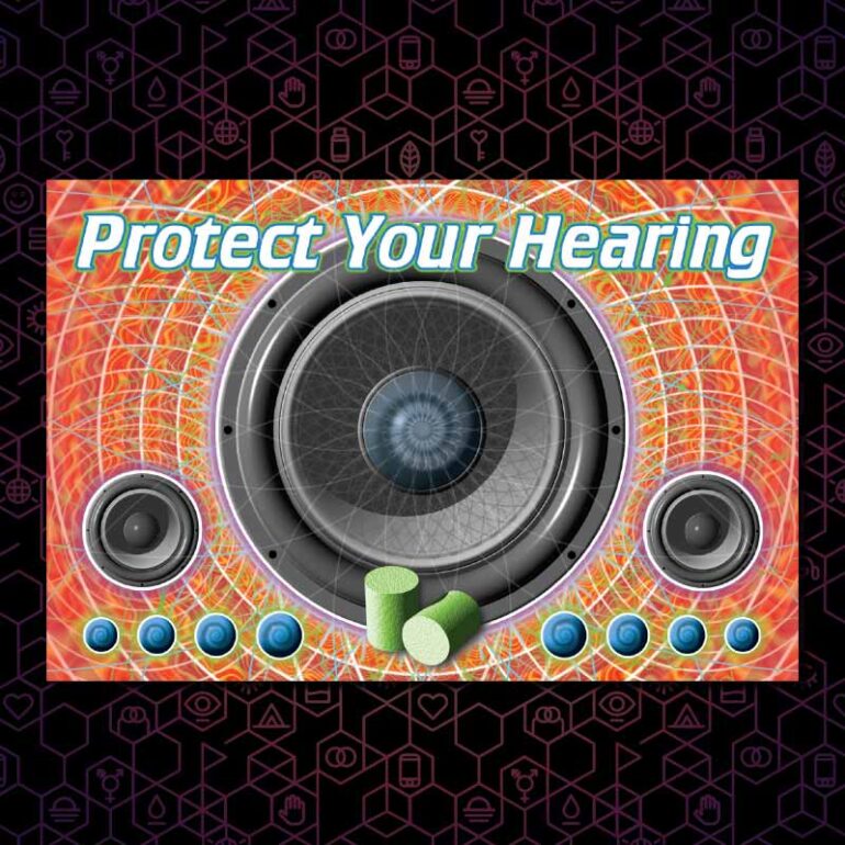 The hearing protection DanceSafe card on a black and purple hexagonal background.