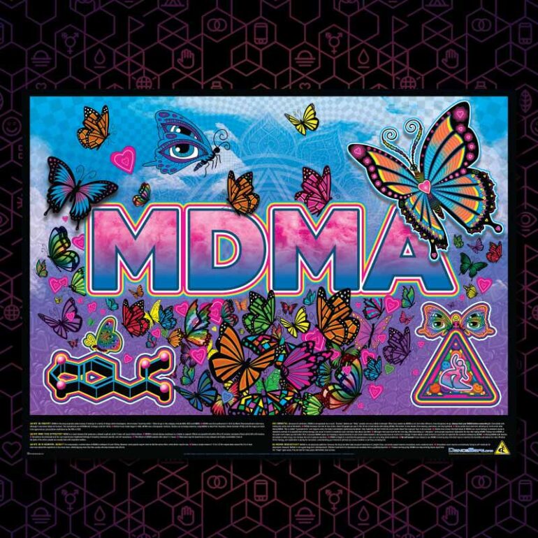 DanceSafe's MDMA poster on a dark purple hexagonal background.