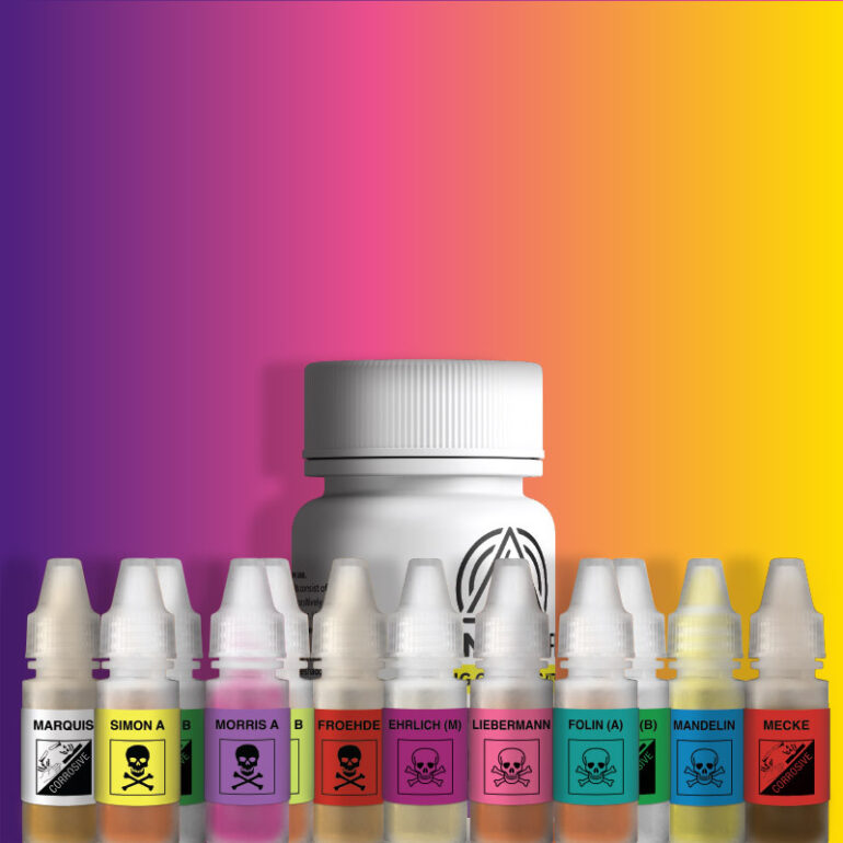 All 9 of DanceSafe's reagents on a gradient background.