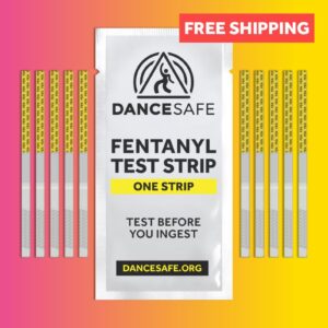 Ten yellow fentanyl test strips on a pink gradient background. Says "free shipping."