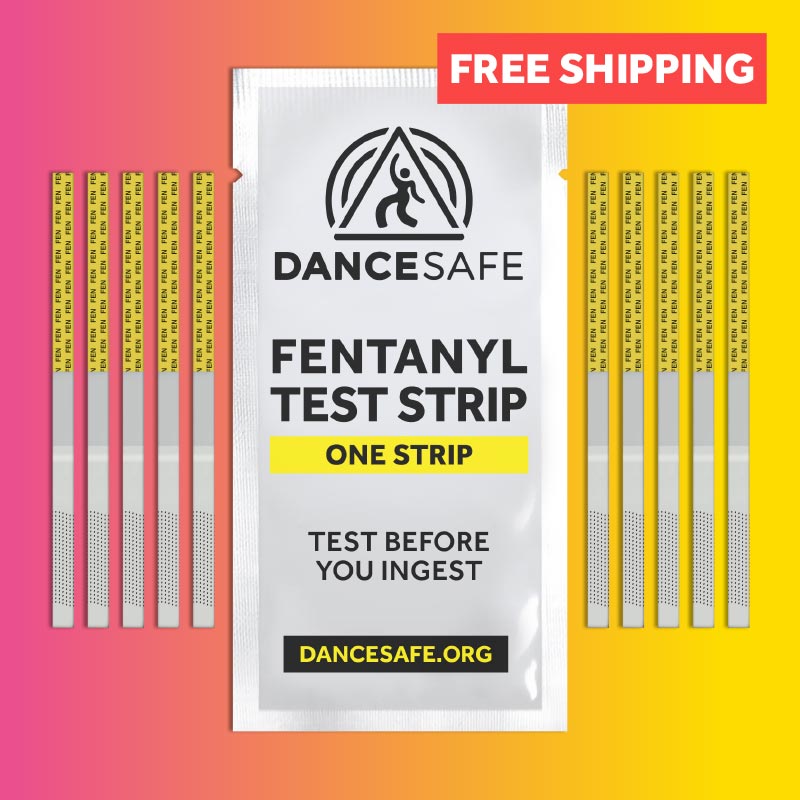 Ten yellow fentanyl test strips on a pink gradient background. Says 