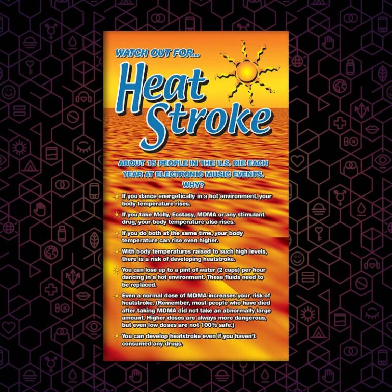 The DanceSafe orange heat stroke pamphlet on a black and hexagonal background.