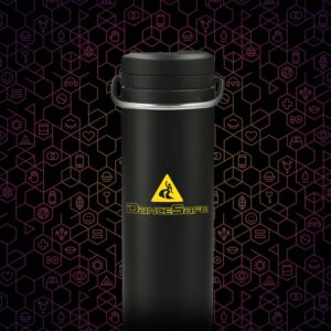 A black cylindrical Klean Kanteen water bottle with the old DanceSafe logo on it.