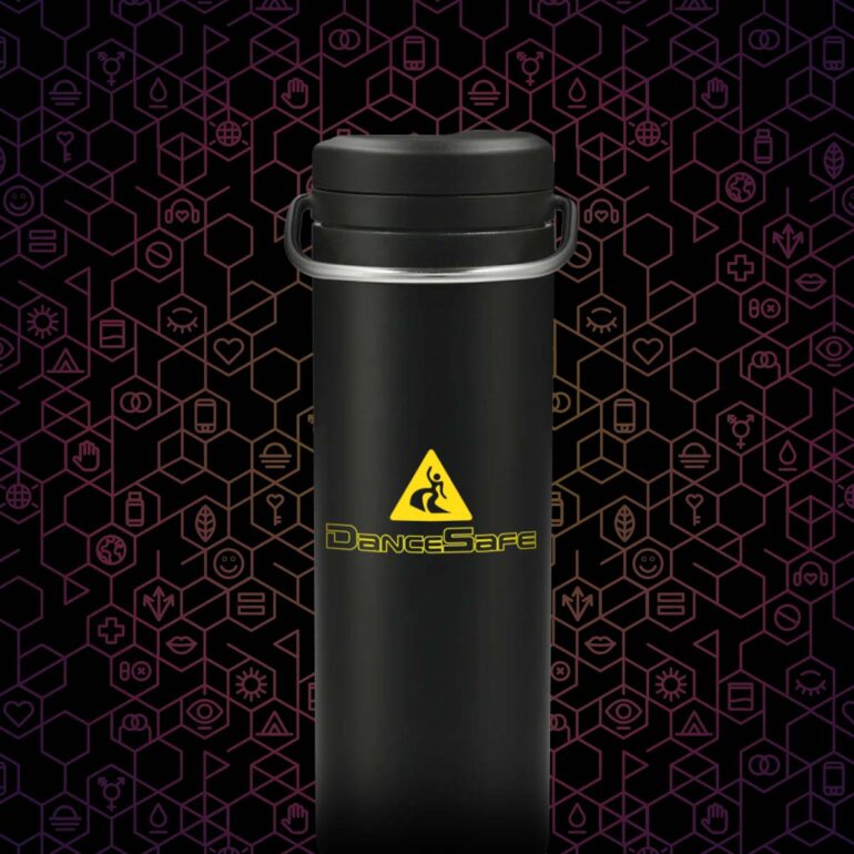A black cylindrical Klean Kanteen water bottle with the old DanceSafe logo on it.