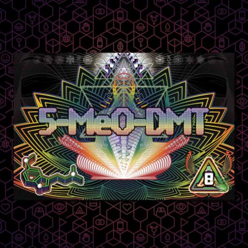 The 5-MeO-DMT DanceSafe card on a black and purple hexagonal background.