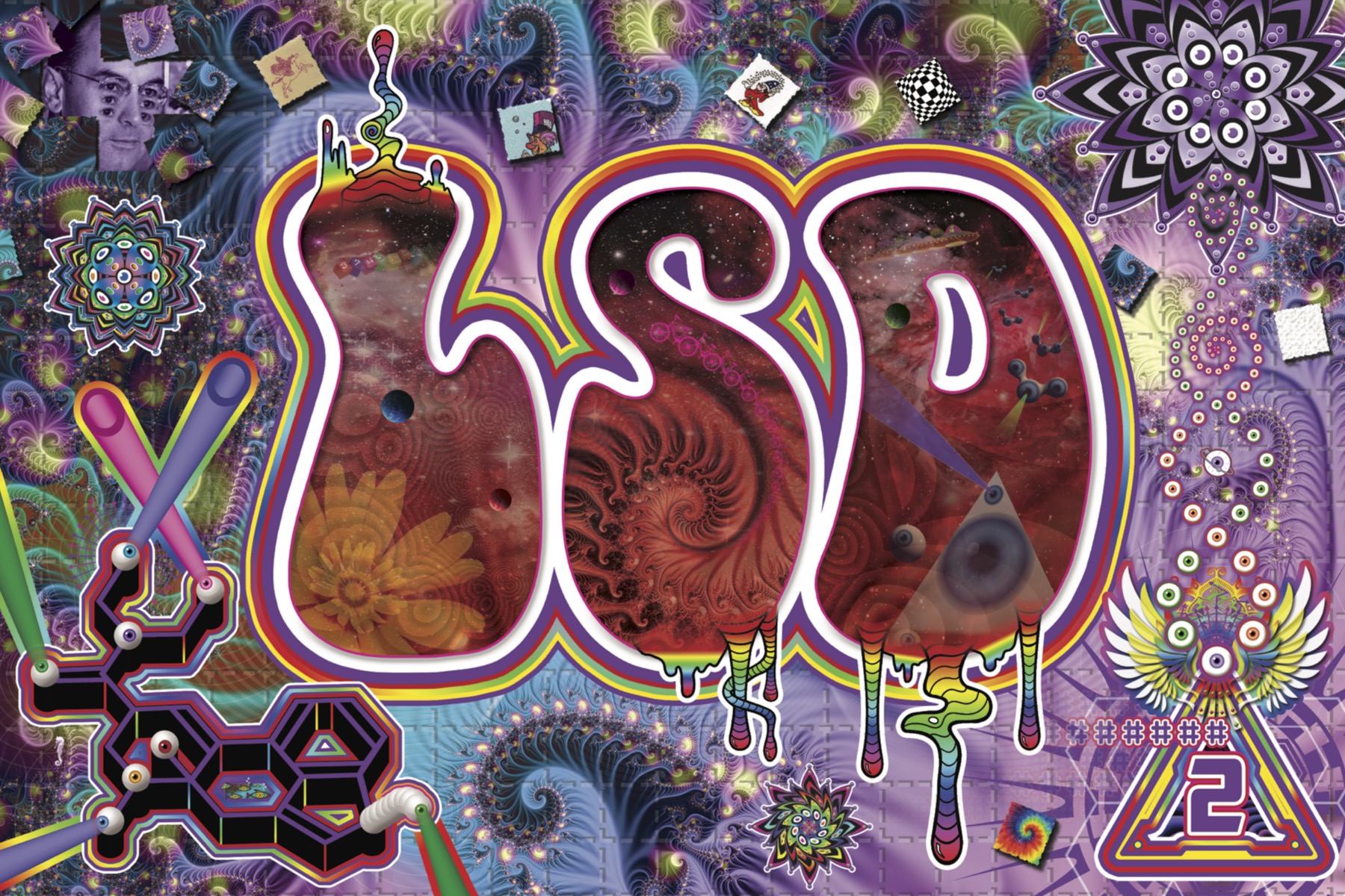 The front of the DanceSafe LSD card, with psychedelic visuals.