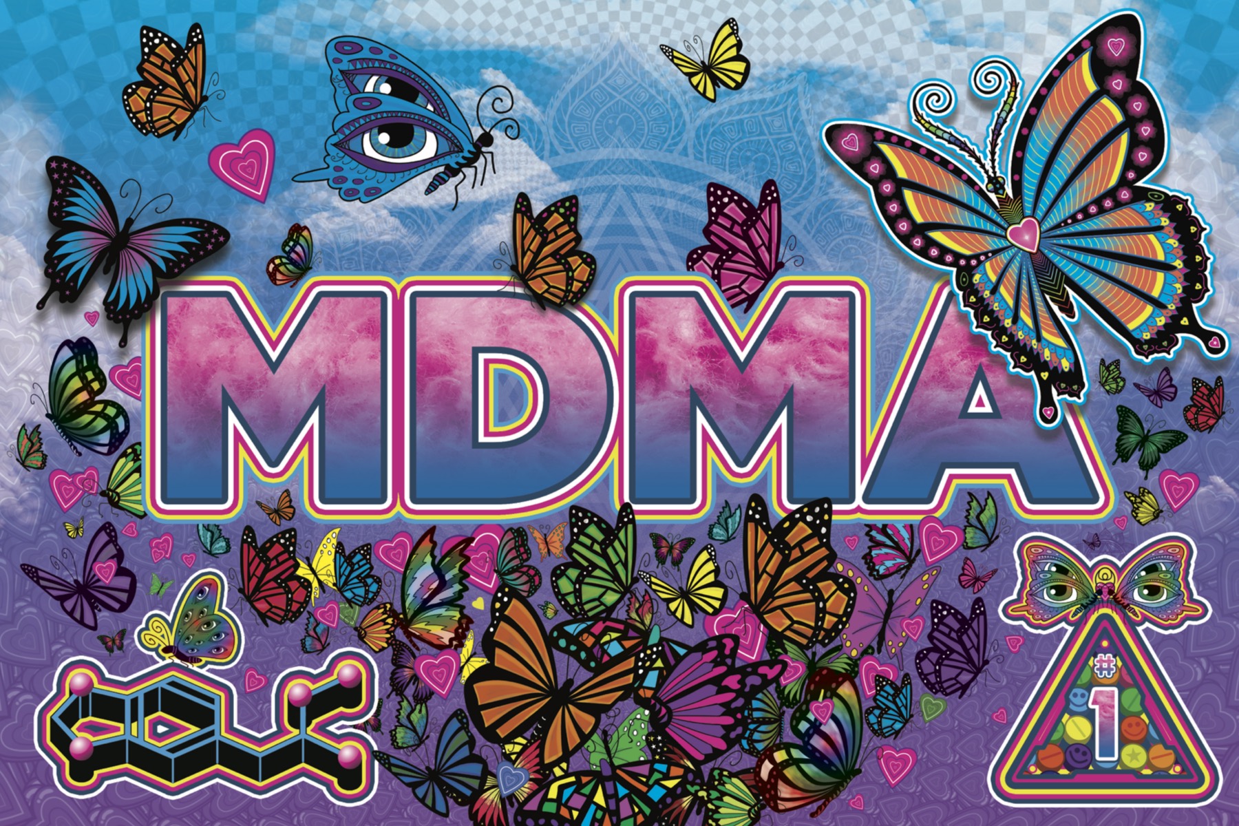 The front of the DanceSafe MDMA card, with butterflies and eyeballs in the background.
