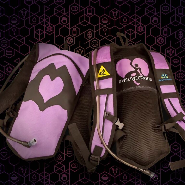 Two purple and black WeLoveConsent hydration packs on a black hexagonal background.