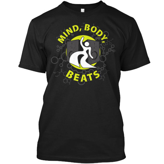 A black t-shirt with the Dancing Person that says "mind, body, beats."