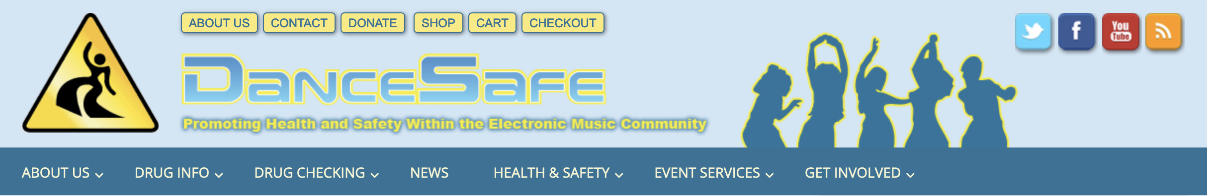 DanceSafe's old blue website header with cheesy graphics, from 2013.