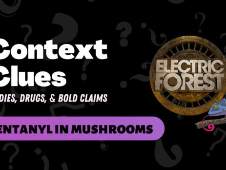 Black rectangular image that says "Context clues: bodies, drugs, & bold claims" in white text, left-justified in the upper left portion. Below is a rounded rectangular strip of purple that says "fentanyl in mushrooms" in black. To the right is a circular brown image of the Electric Forest logo, with a rainbow chameleon graphic underneath and the yellow DanceSafe logo underneath that.