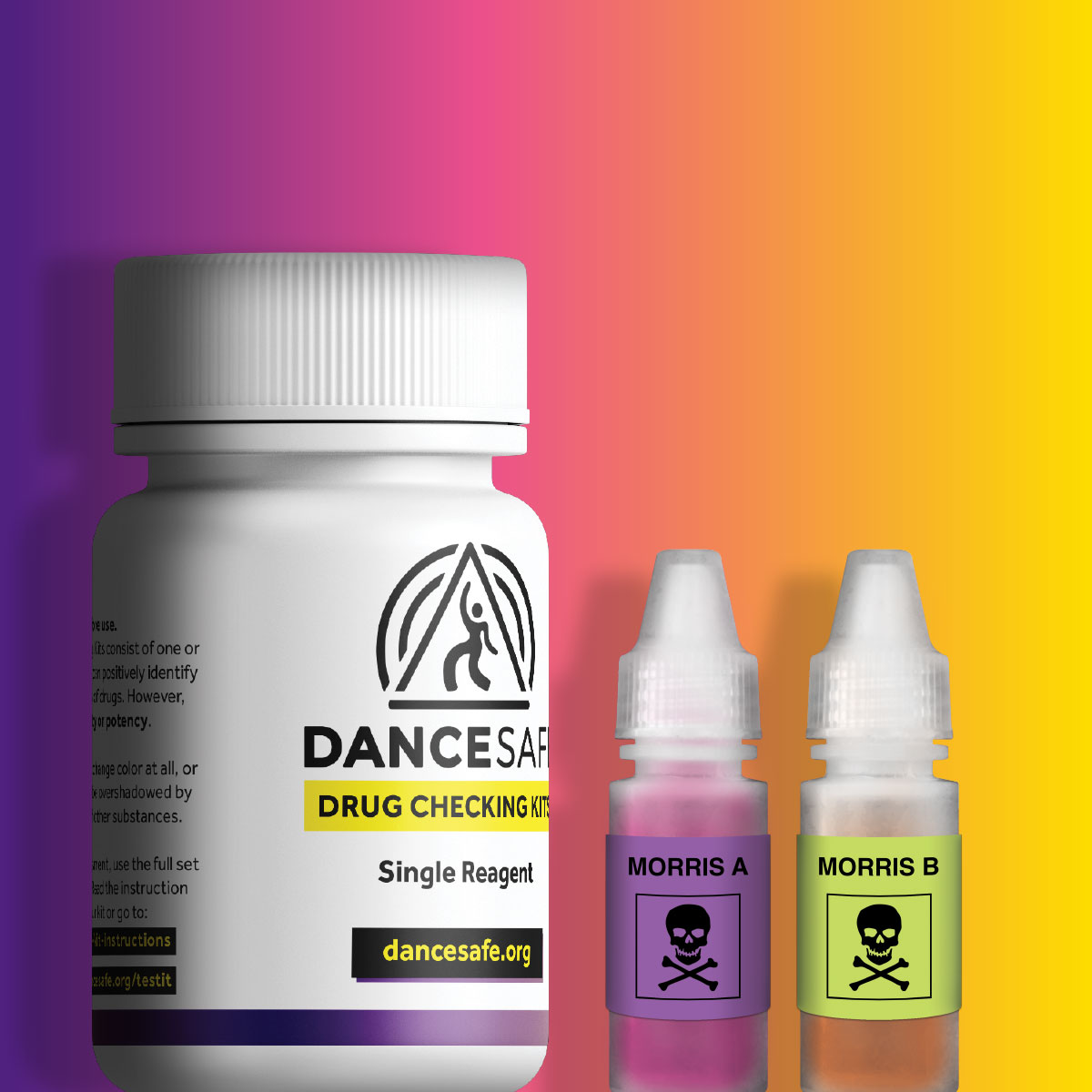 DanceSafe Morris A and B reagents on a purple to yellow gradient background.