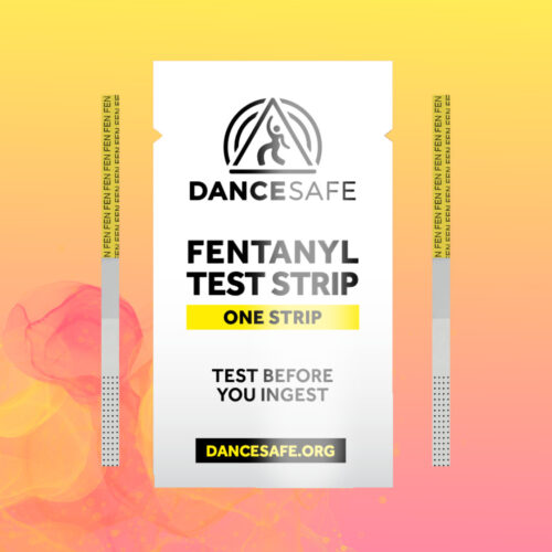 Pink and orange background behind a rendering of a new DanceSafe fentanyl strip packet and two strips.