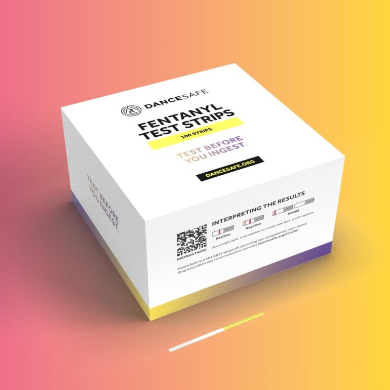 A rendering of a DanceSafe fentanyl test strip box on a pink and yellow gradient background.