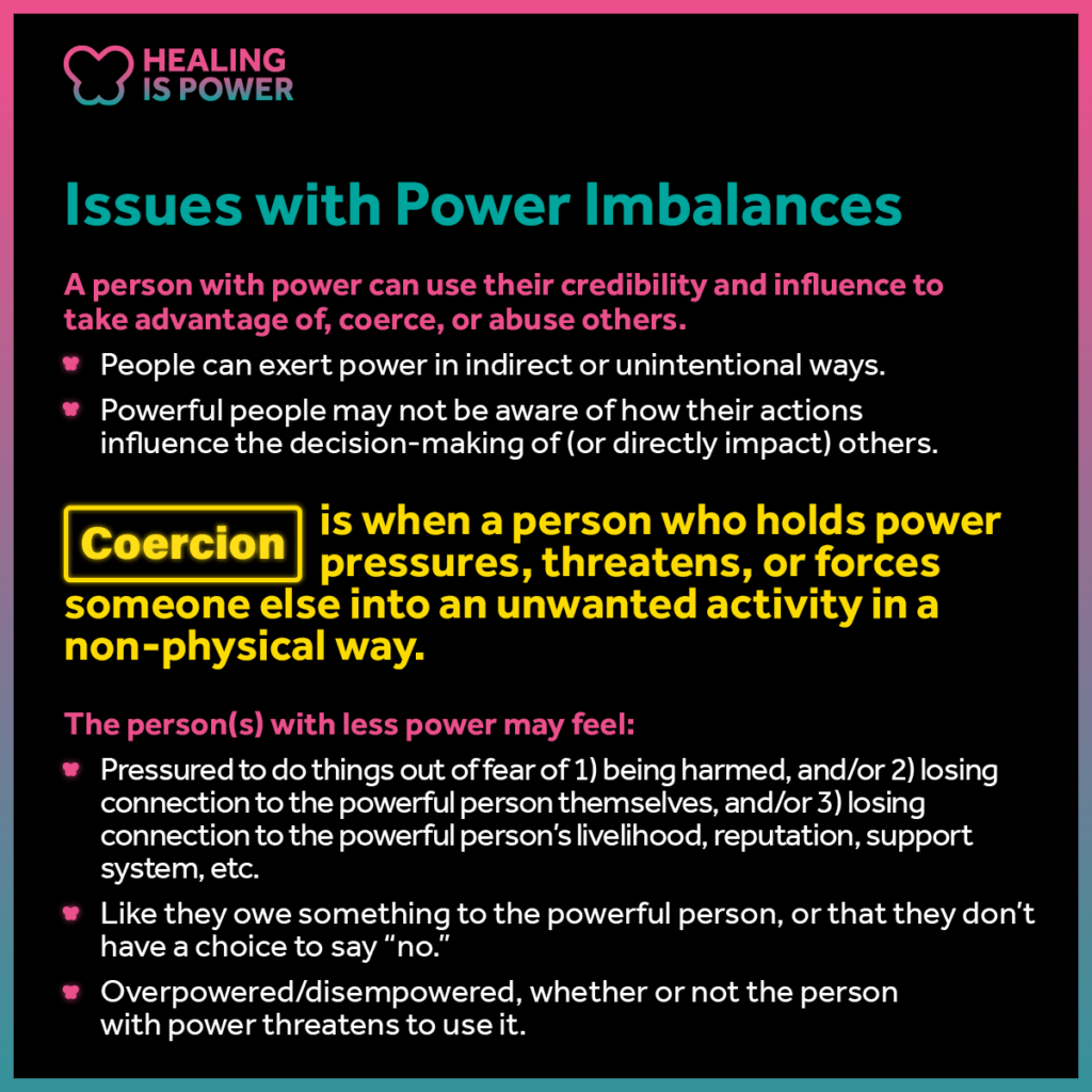 Graphic explaining issues with power imbalances, like coercion.