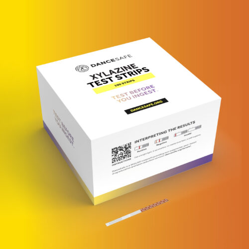 A box of xylazine test strips on a yellow and orange gradient background.